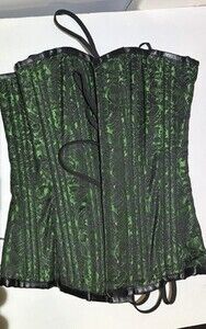 Green Brocade Overbust Corset Steel Bone Size 24 Floral And Lace